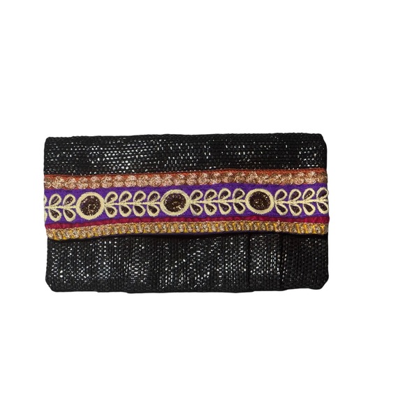 Handbags - Black Beaded Clutch Bag Purple Gold Embroidered Boho Evening Bag Snap Closure